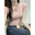 Women’s Pink Ribbon Embroidered Slim‑Fit T‑Shirt Short Sleeve Casual Top