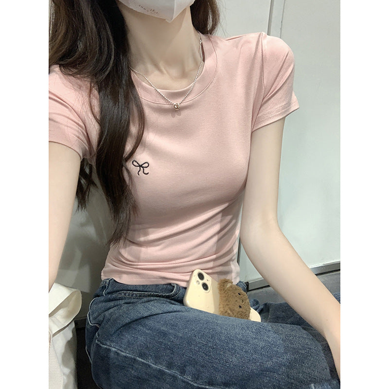 Women’s Pink Ribbon Embroidered Slim‑Fit T‑Shirt Short Sleeve Casual Top