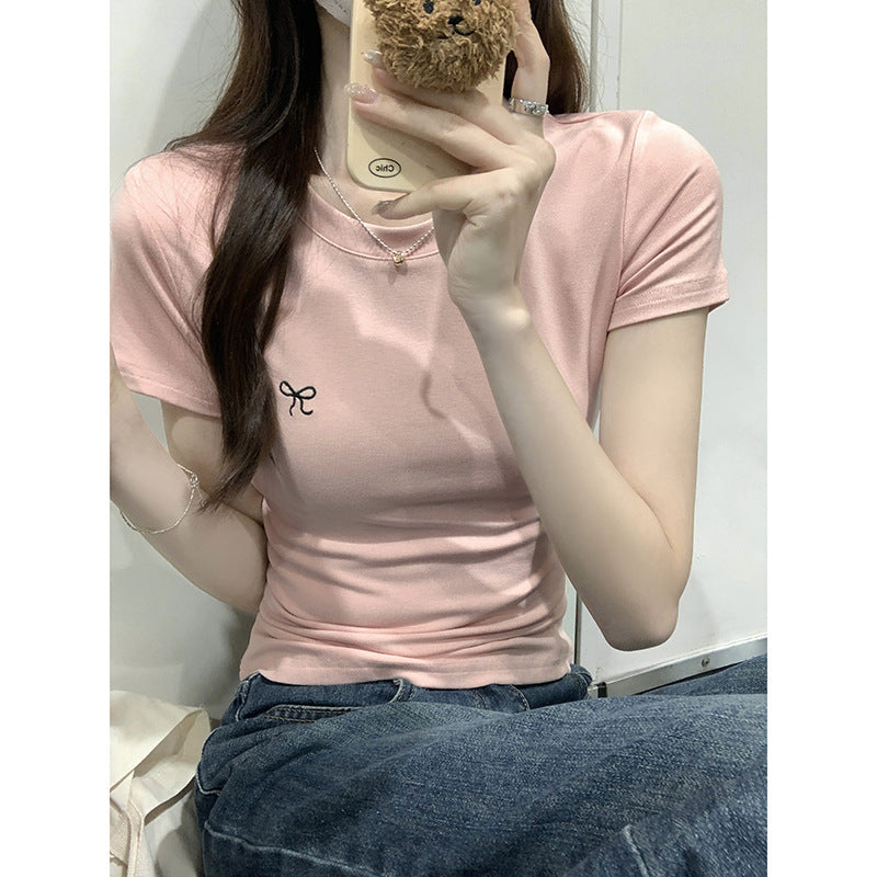 Women’s Pink Ribbon Embroidered Slim‑Fit T‑Shirt Short Sleeve Casual Top