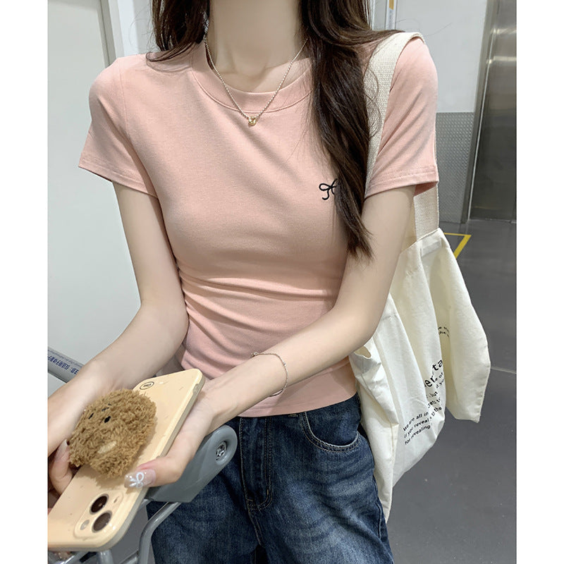Women’s Pink Ribbon Embroidered Slim‑Fit T‑Shirt Short Sleeve Casual Top