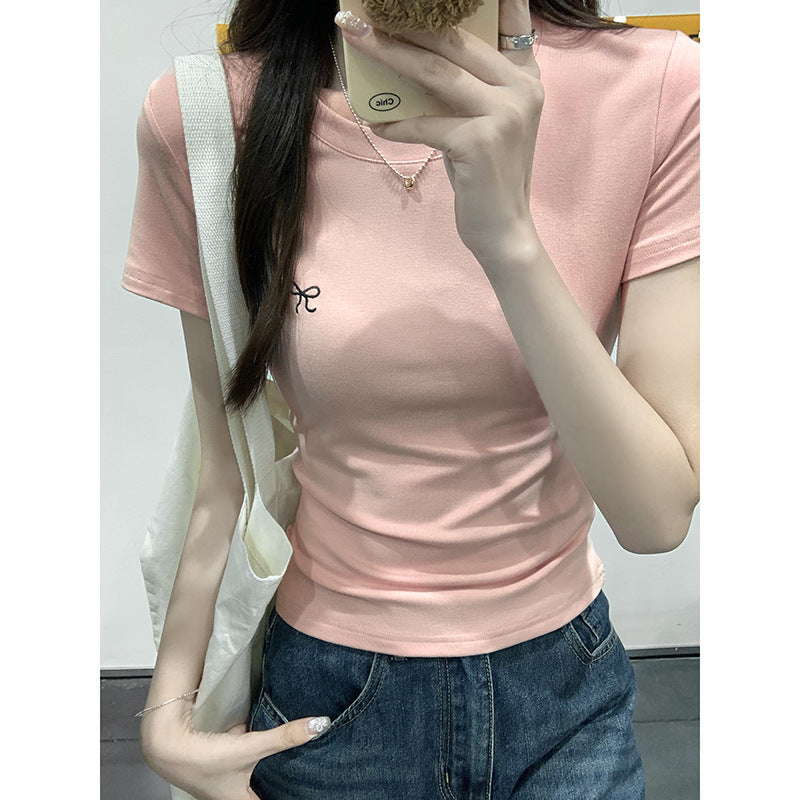Women’s Pink Ribbon Embroidered Slim‑Fit T‑Shirt Short Sleeve Casual Top