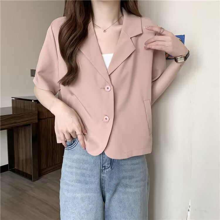 Women’s Pink Short Sleeve Cropped Blazer Notched Lapel Jacket