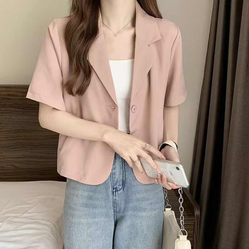 Women’s Pink Short Sleeve Cropped Blazer Notched Lapel Jacket