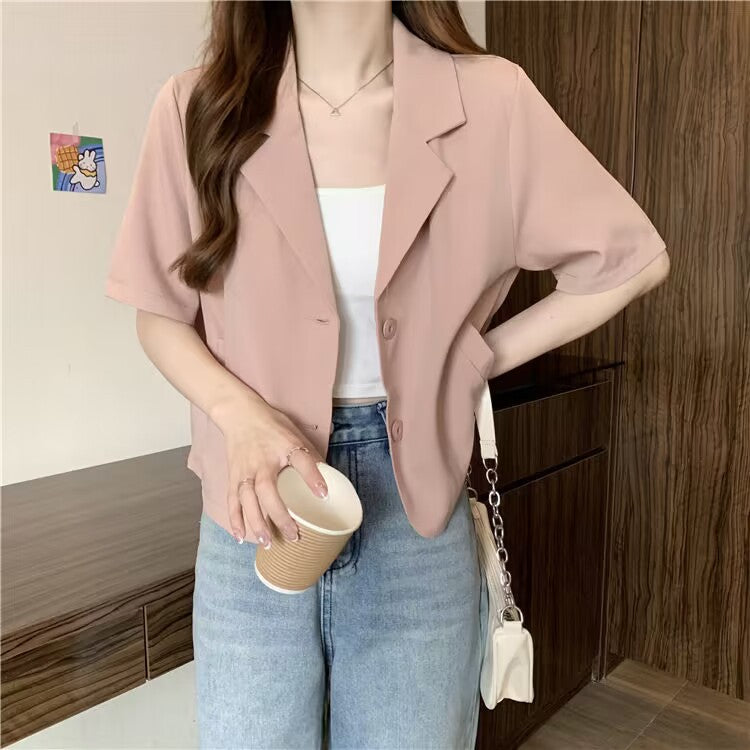 Women’s Pink Short Sleeve Cropped Blazer Notched Lapel Jacket