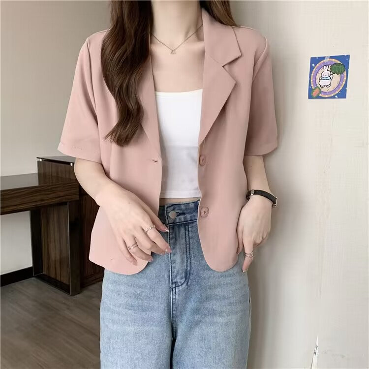 Women’s Pink Short Sleeve Cropped Blazer Notched Lapel Jacket