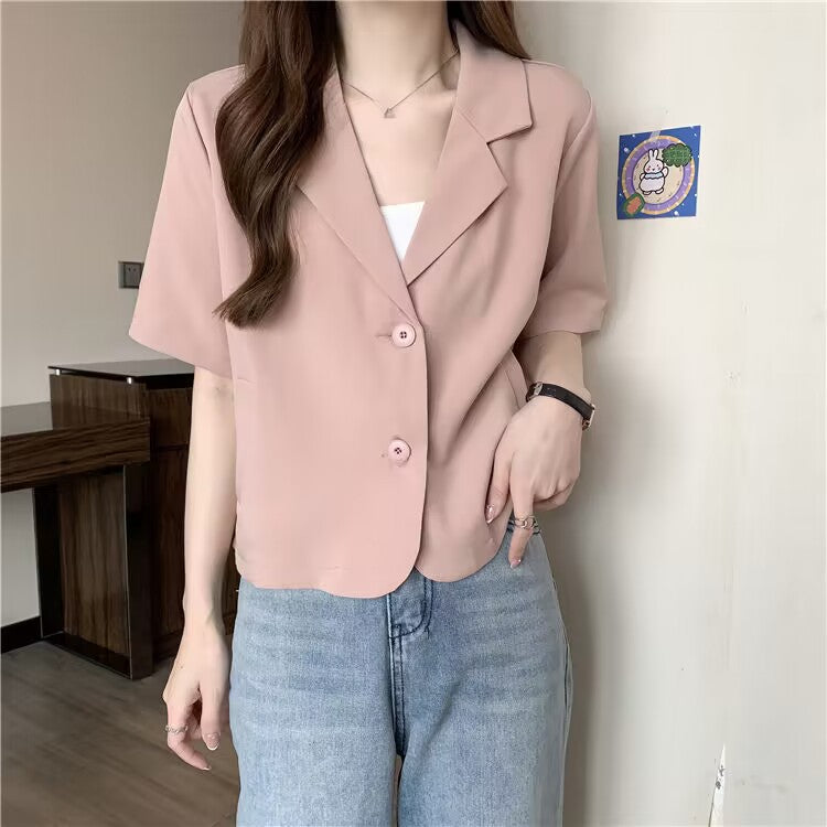 Women’s Pink Short Sleeve Cropped Blazer Notched Lapel Jacket