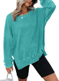 Women’s Teal Waffle Knit Long Sleeve Top Crew Neck Side Slit Pullover T‑Shirt