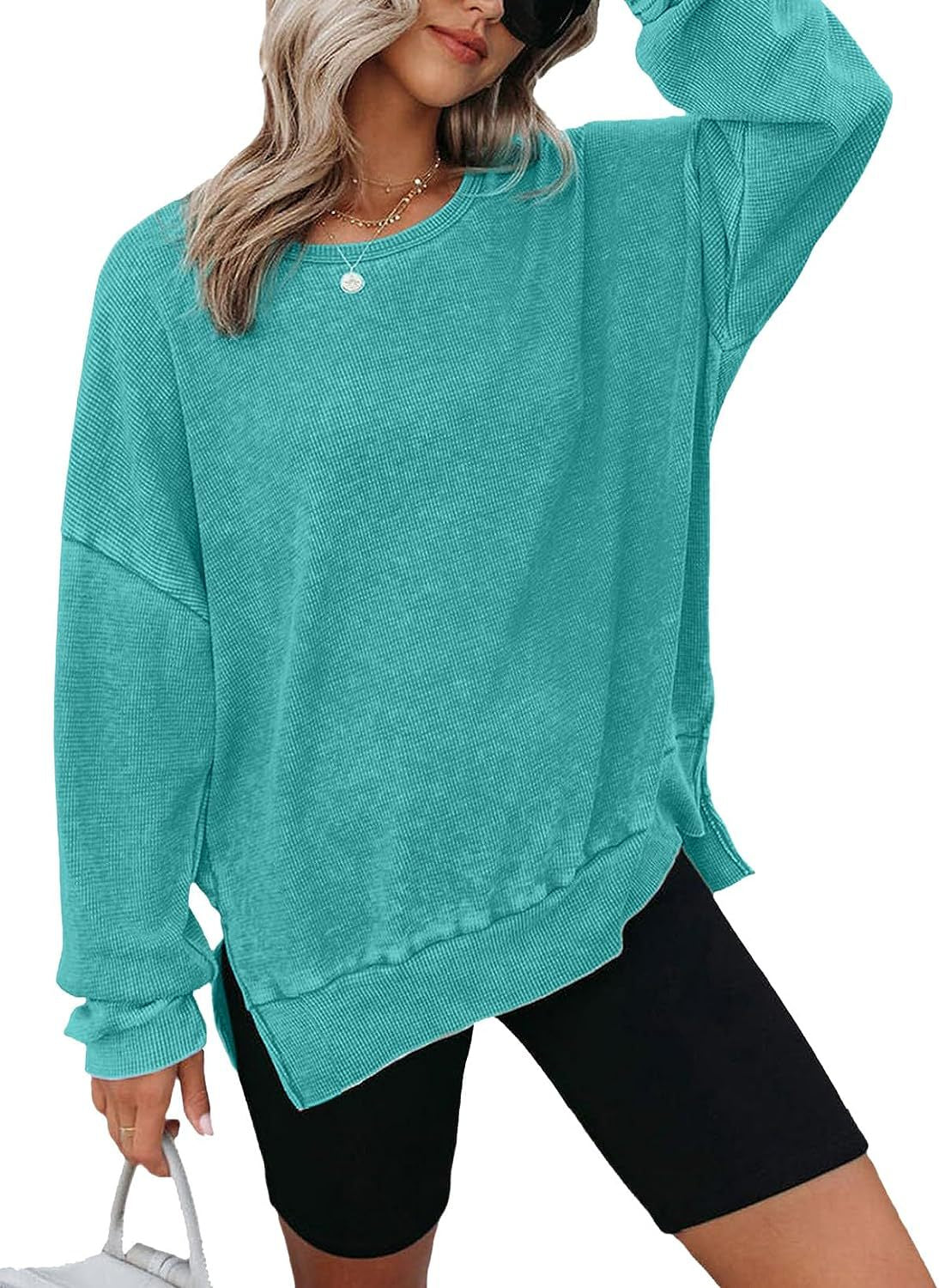 Women’s Teal Waffle Knit Long Sleeve Top Crew Neck Side Slit Pullover T‑Shirt