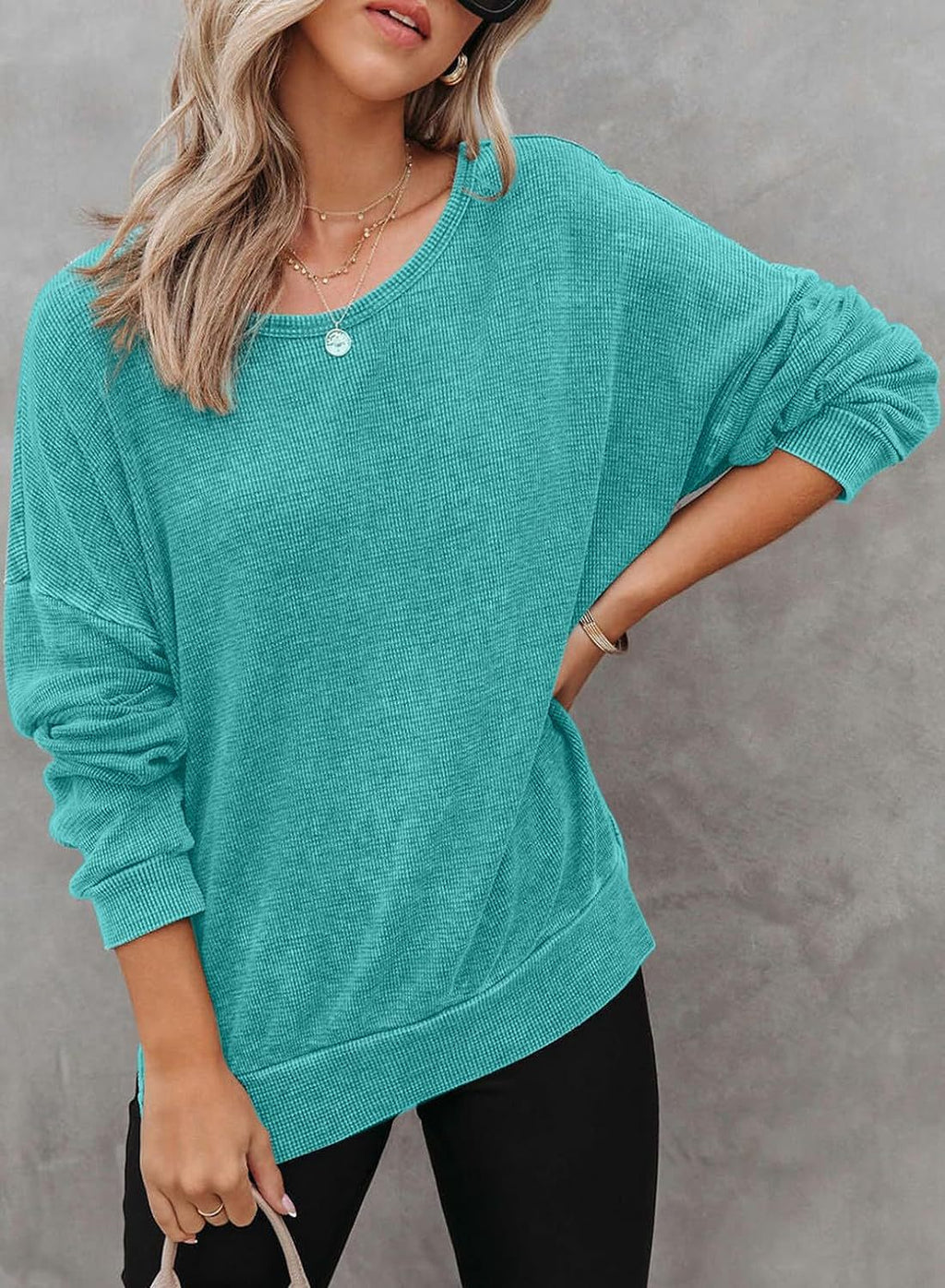 Women’s Teal Waffle Knit Long Sleeve Top Crew Neck Side Slit Pullover T‑Shirt