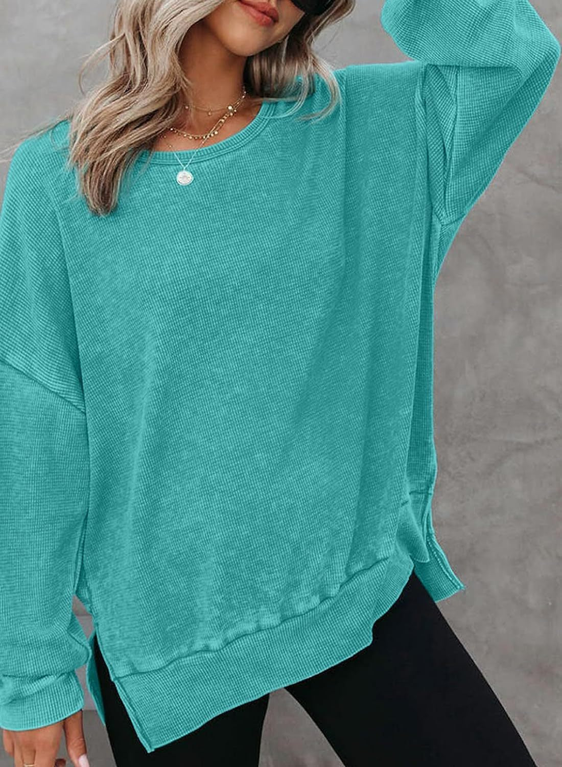 Women’s Teal Waffle Knit Long Sleeve Top Crew Neck Side Slit Pullover T‑Shirt