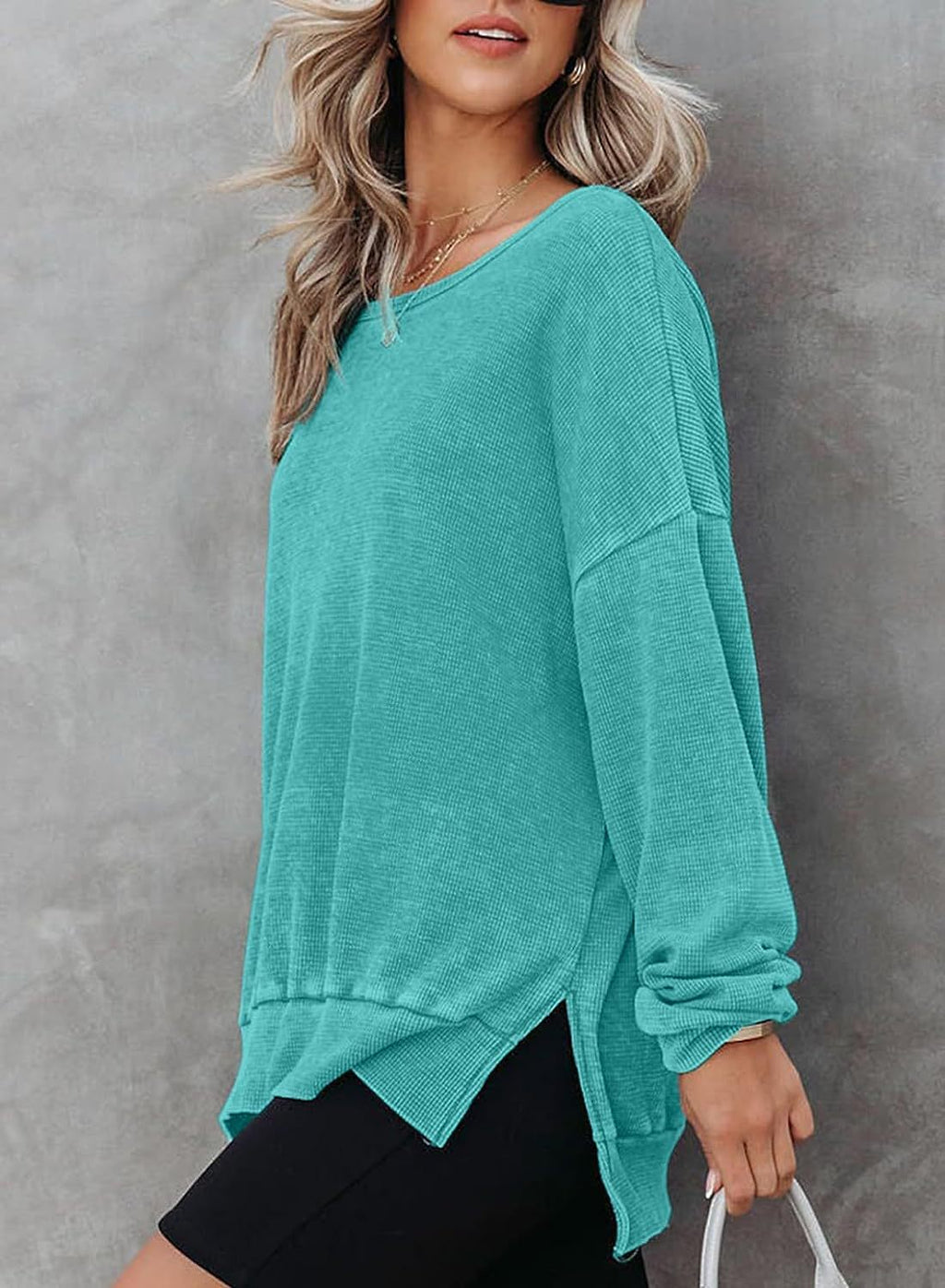 Women’s Teal Waffle Knit Long Sleeve Top Crew Neck Side Slit Pullover T‑Shirt