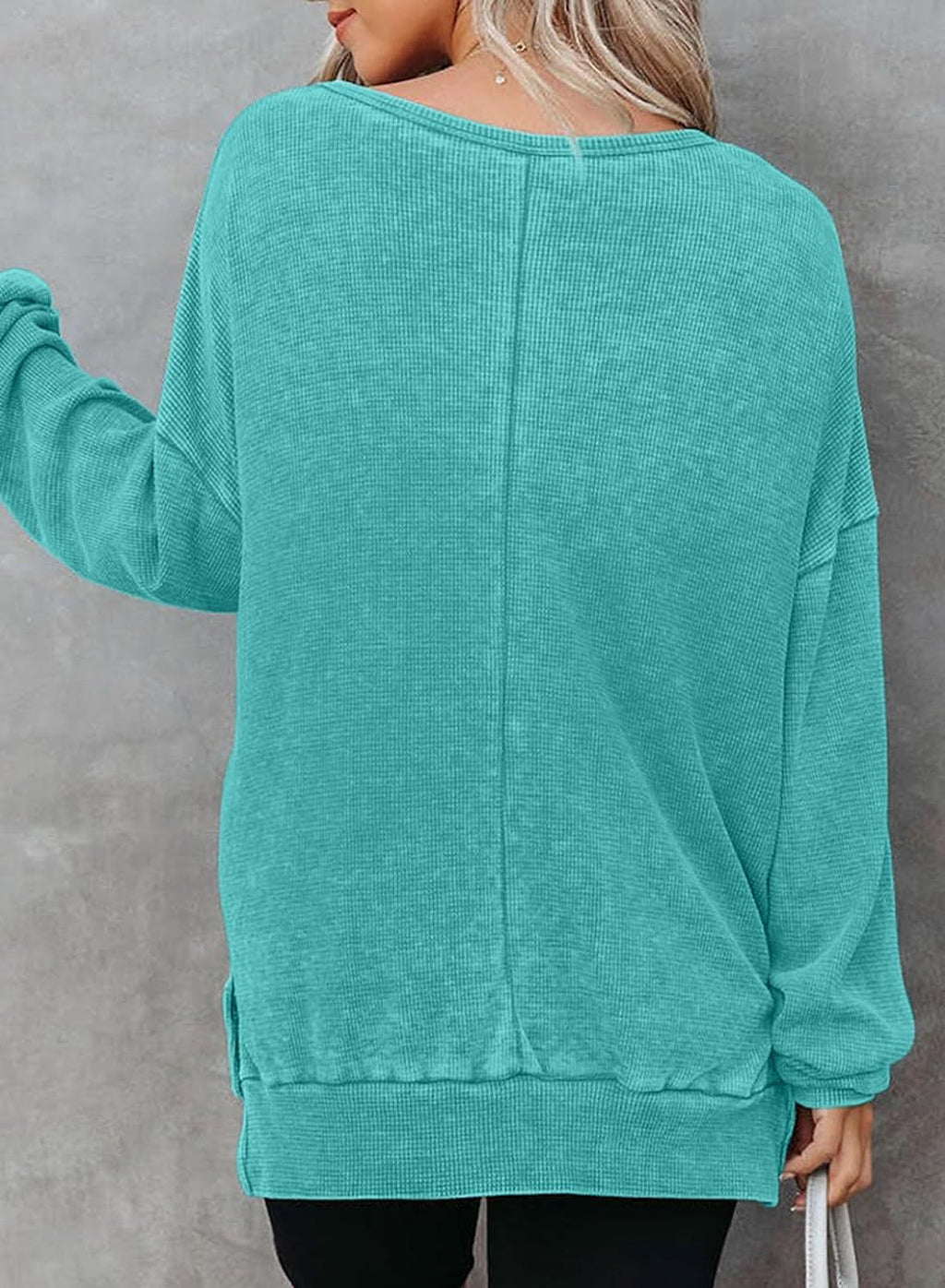 Women’s Teal Waffle Knit Long Sleeve Top Crew Neck Side Slit Pullover T‑Shirt