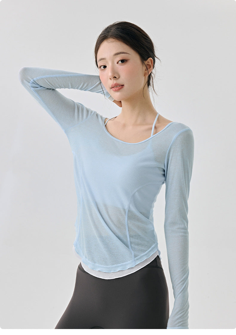 Women’s Blue Sheer Mesh Long Sleeve Workout Top Breathable Running Gym Shirt