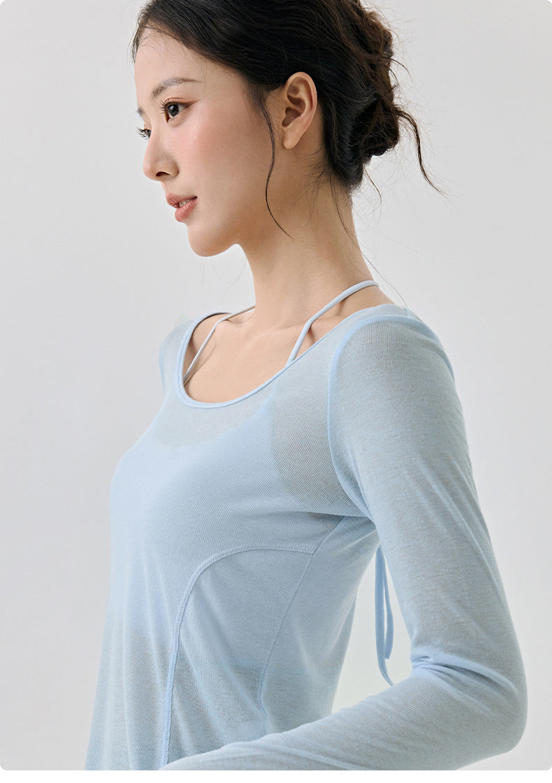Women’s Blue Sheer Mesh Long Sleeve Workout Top Breathable Running Gym Shirt