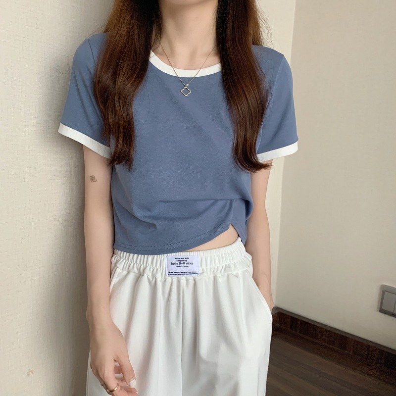 Women’s Blue Ringer Cropped T‑Shirt Crew Neck White Trim Short Sleeve Slim‑Fit Top