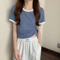 Women’s Blue Ringer Cropped T‑Shirt Crew Neck White Trim Short Sleeve Slim‑Fit Top