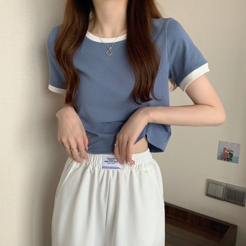 Women’s Blue Ringer Cropped T‑Shirt Crew Neck White Trim Short Sleeve Slim‑Fit Top
