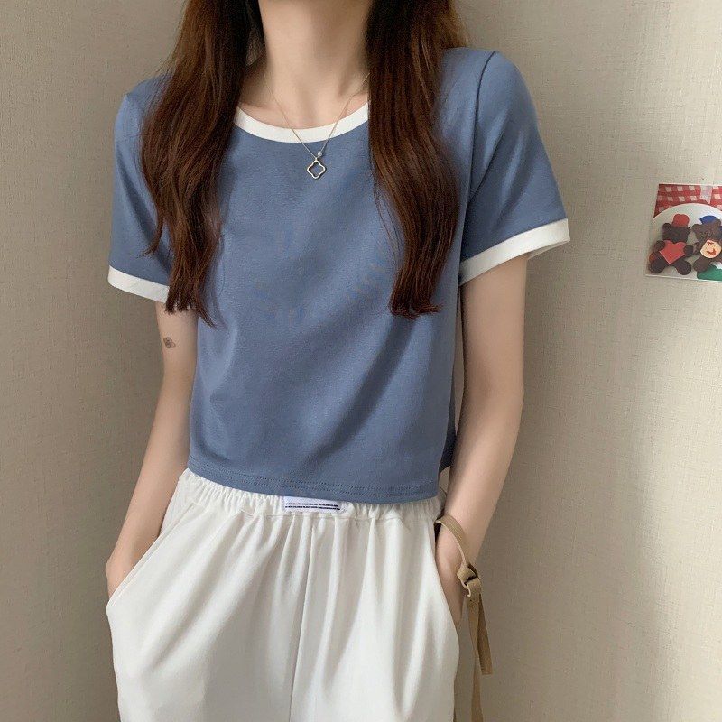Women’s Blue Ringer Cropped T‑Shirt Crew Neck White Trim Short Sleeve Slim‑Fit Top
