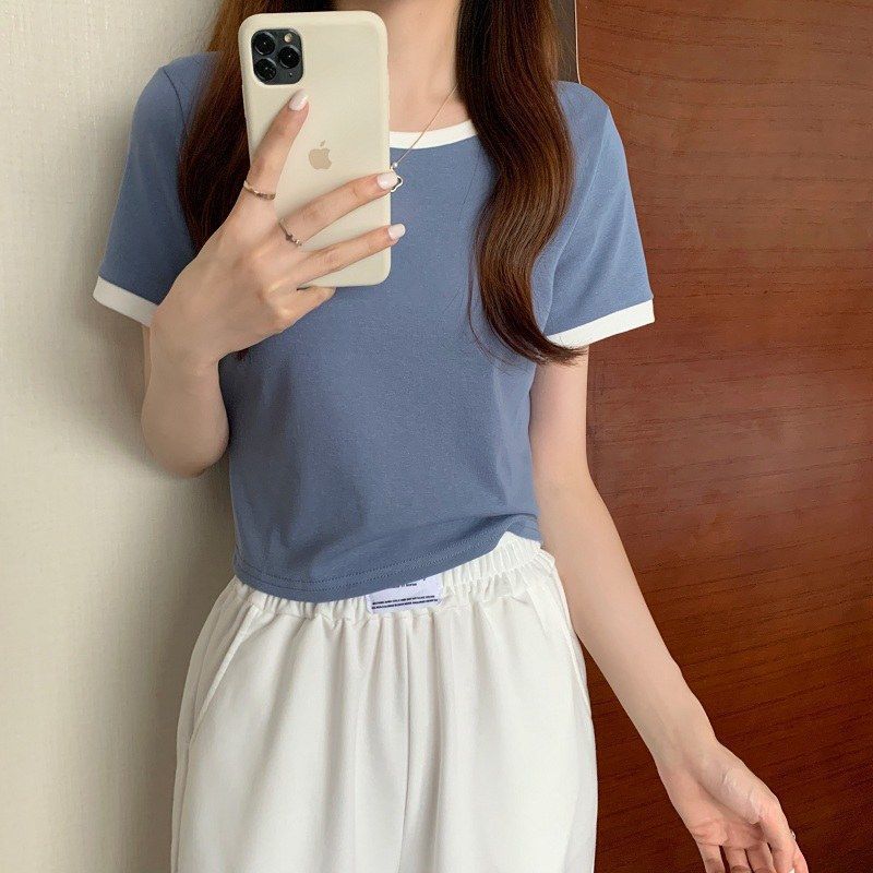 Women’s Blue Ringer Cropped T‑Shirt Crew Neck White Trim Short Sleeve Slim‑Fit Top