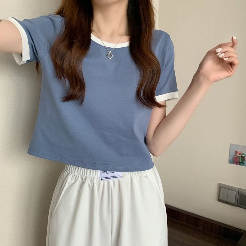 Women’s Blue Ringer Cropped T‑Shirt Crew Neck White Trim Short Sleeve Slim‑Fit Top