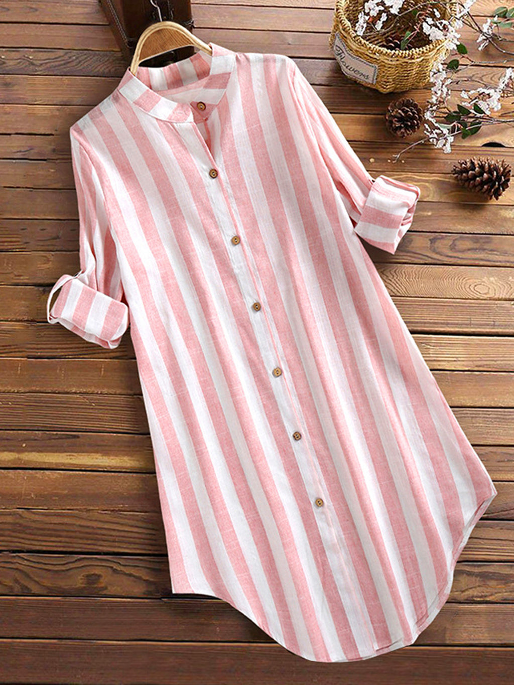 Women’s Pink and White Striped Linen Blend Long Tunic Shirt Roll‑Up Dress