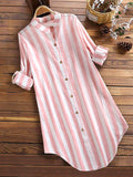 Women’s Pink and White Striped Linen Blend Long Tunic Shirt Roll‑Up Dress