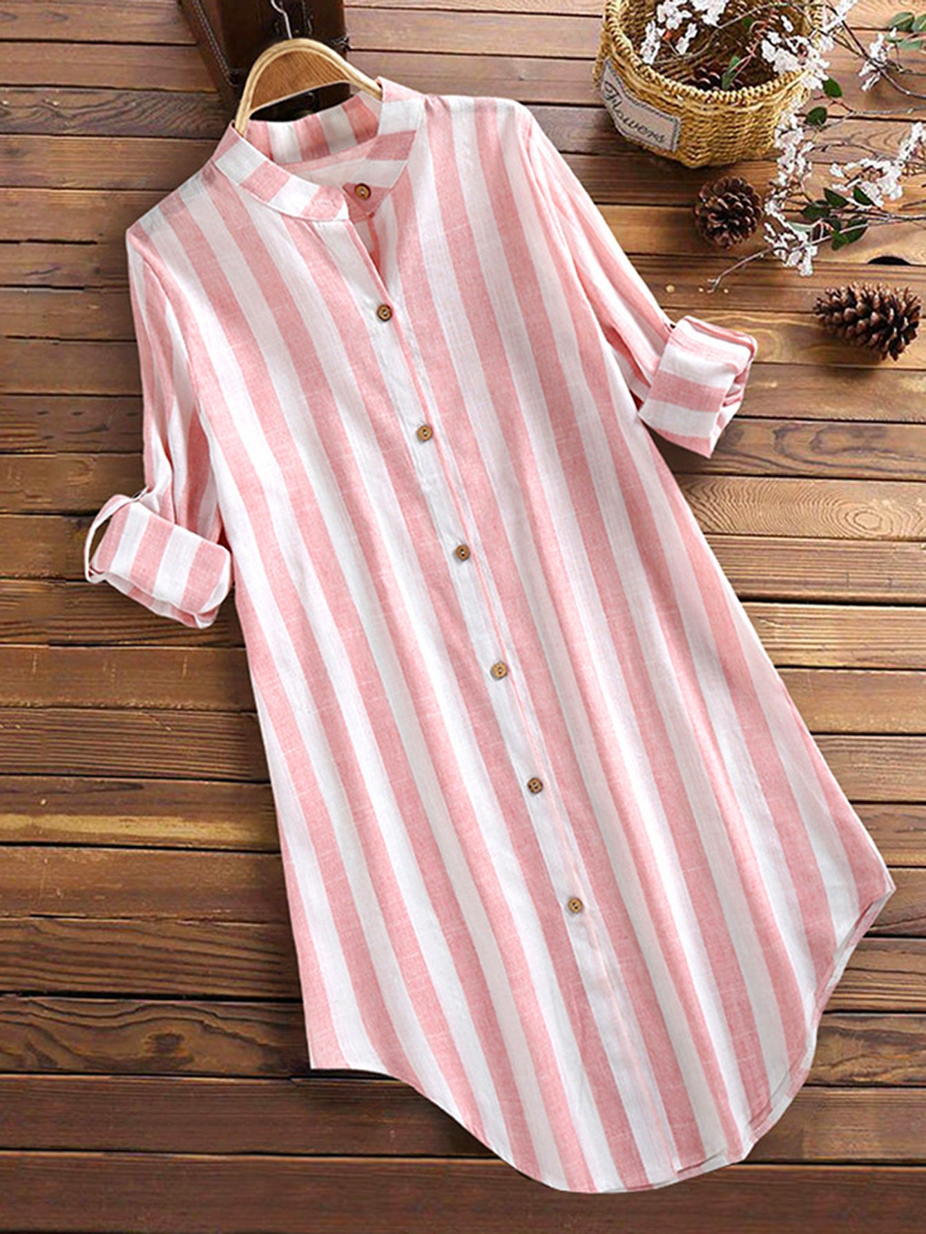 Women’s Pink and White Striped Linen Blend Long Tunic Shirt Roll‑Up Dress