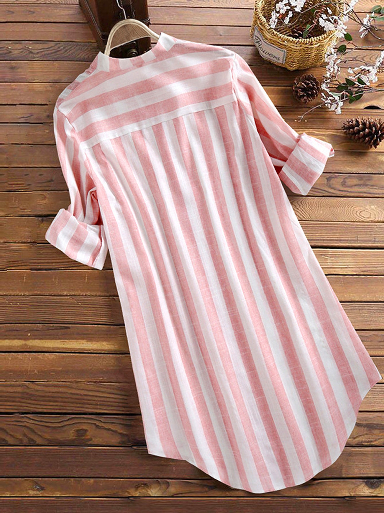 Women’s Pink and White Striped Linen Blend Long Tunic Shirt Roll‑Up Dress