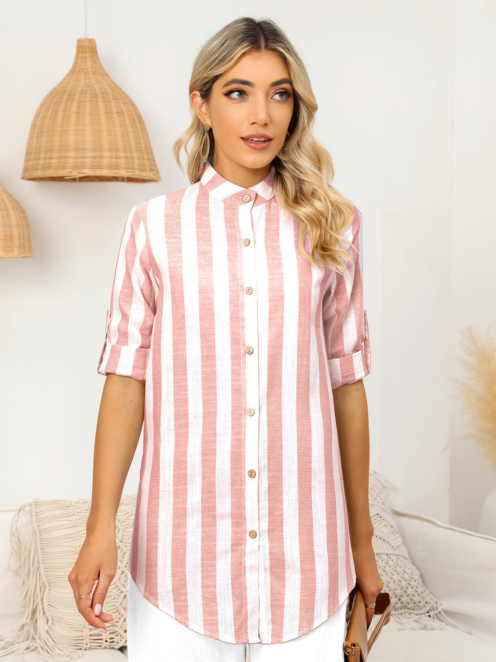 Women’s Pink and White Striped Linen Blend Long Tunic Shirt Roll‑Up Dress