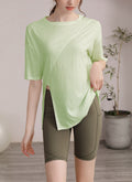Women’s Green Loose‑Fit Workout T‑Shirt Side Slit Quick‑Dry Breathable Gym Top