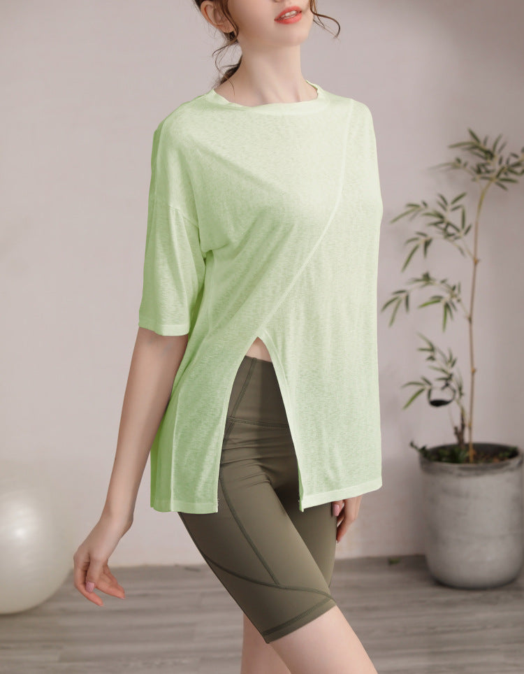 Women’s Green Loose‑Fit Workout T‑Shirt Side Slit Quick‑Dry Breathable Gym Top