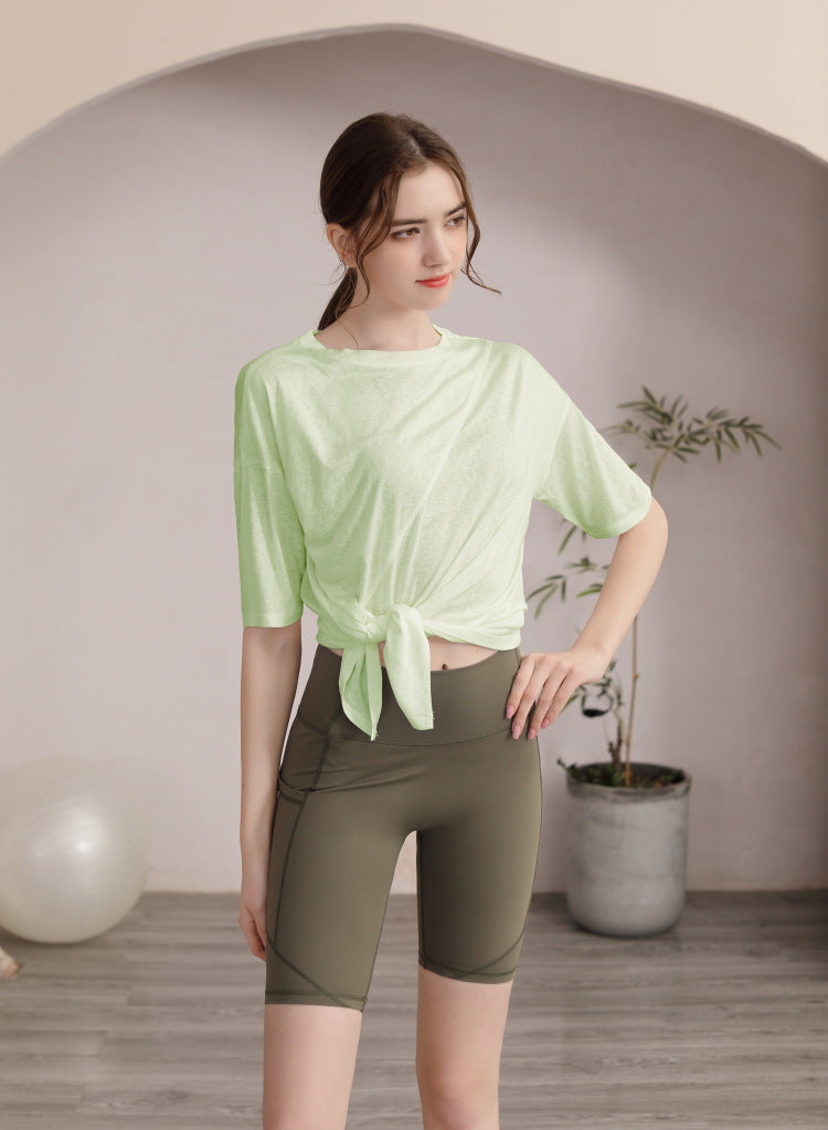Women’s Green Loose‑Fit Workout T‑Shirt Side Slit Quick‑Dry Breathable Gym Top