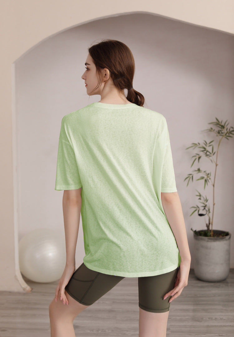 Women’s Green Loose‑Fit Workout T‑Shirt Side Slit Quick‑Dry Breathable Gym Top