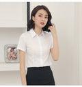 Women’s Fitted White Short Sleeve Shirt Tailored Point Collar Office Work Blouse