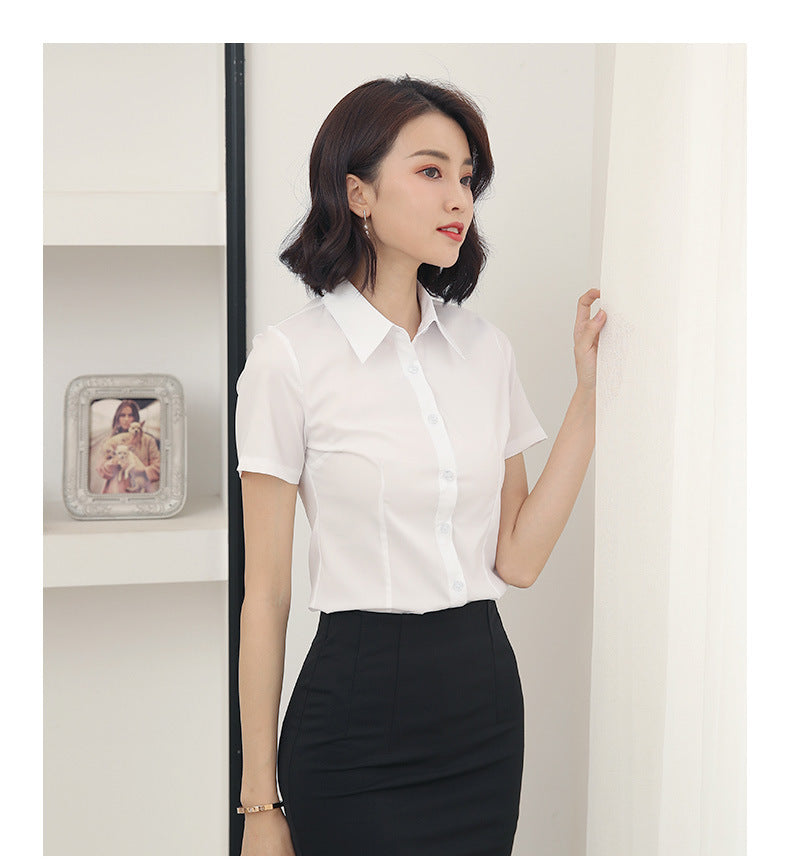 Women’s Fitted White Short Sleeve Shirt Tailored Point Collar Office Work Blouse