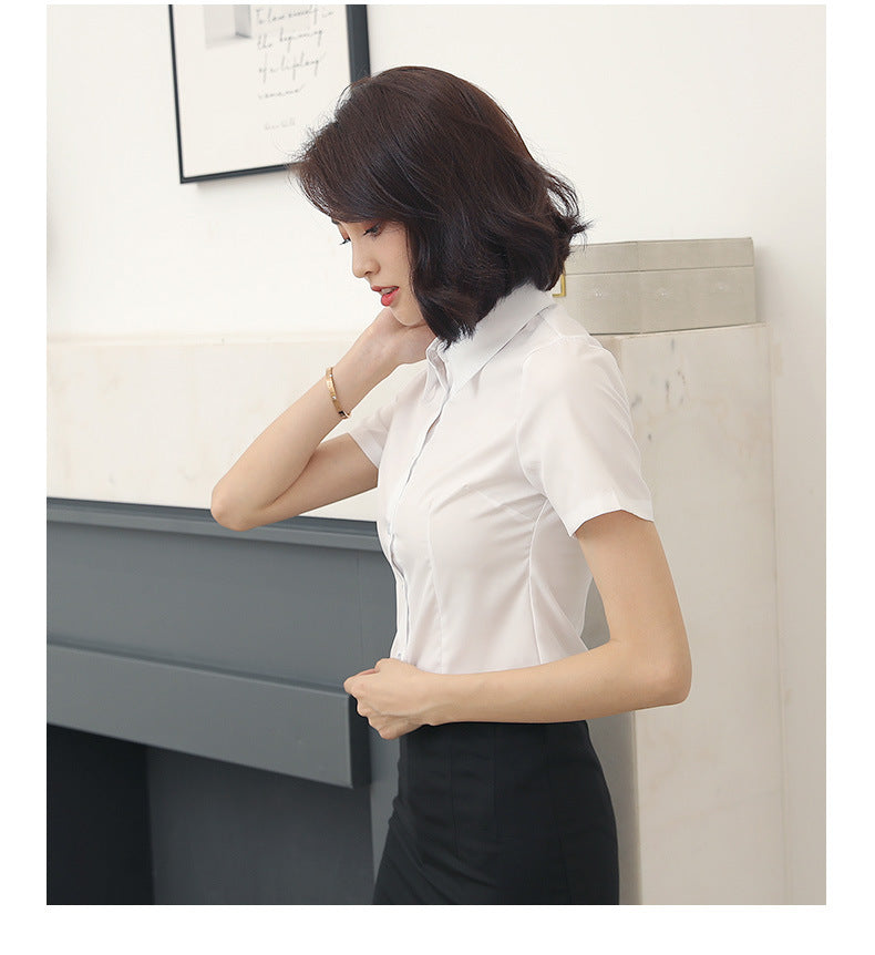 Women’s Fitted White Short Sleeve Shirt Tailored Point Collar Office Work Blouse