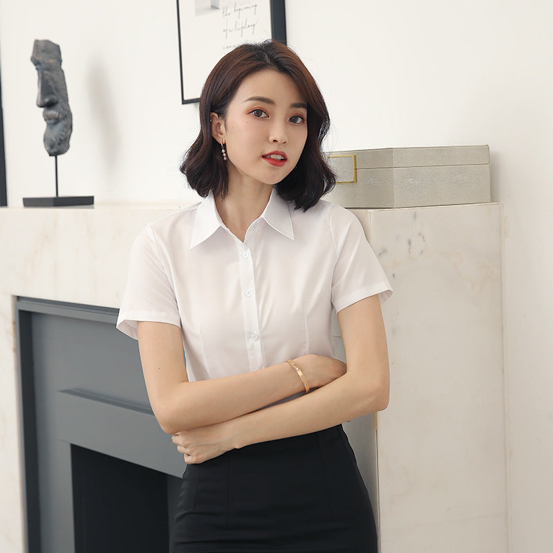 Women’s Fitted White Short Sleeve Shirt Tailored Point Collar Office Work Blouse