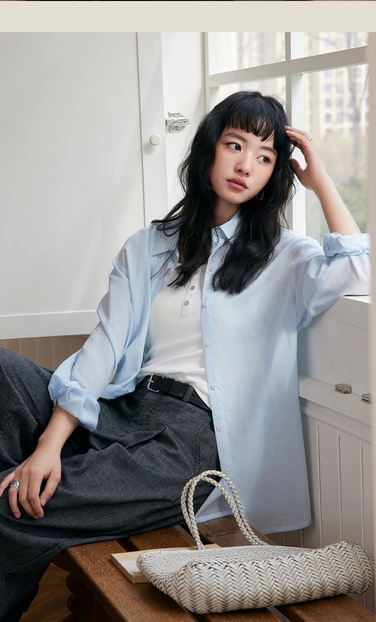 Women’s Light Blue Sheer Button-Down Shirt Roll-Up Sleeve Loose-Fit Casual Blouse