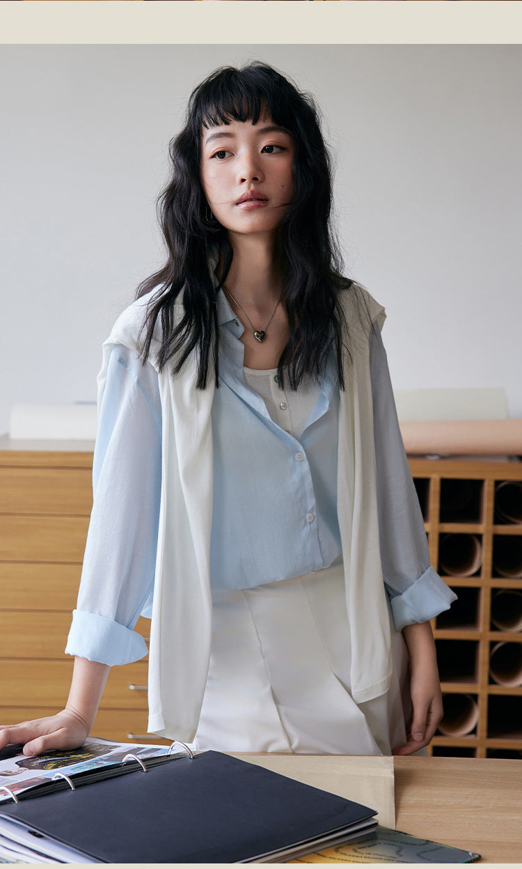 Women’s Light Blue Sheer Button-Down Shirt Roll-Up Sleeve Loose-Fit Casual Blouse