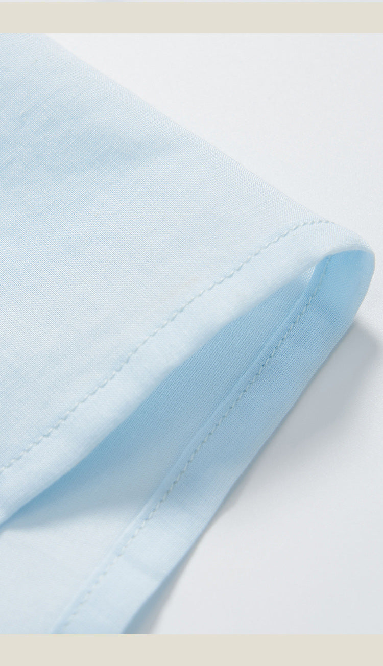 Women’s Light Blue Sheer Button-Down Shirt Roll-Up Sleeve Loose-Fit Casual Blouse