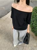 Women’s Black Off-the-Shoulder T-Shirt Short Sleeve Loose-Fit Casual Basic Top