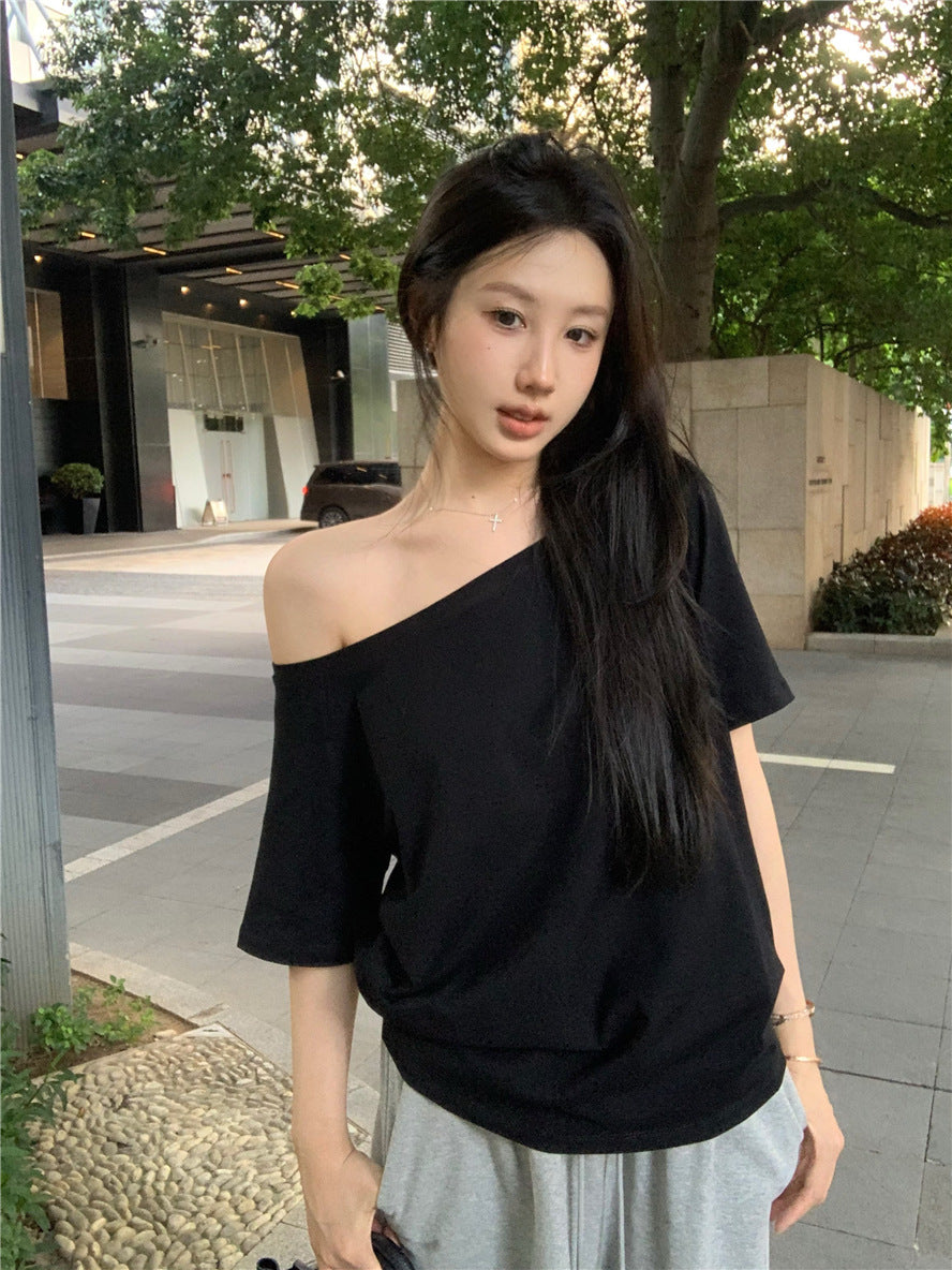 Women’s Black Off-the-Shoulder T-Shirt Short Sleeve Loose-Fit Casual Basic Top