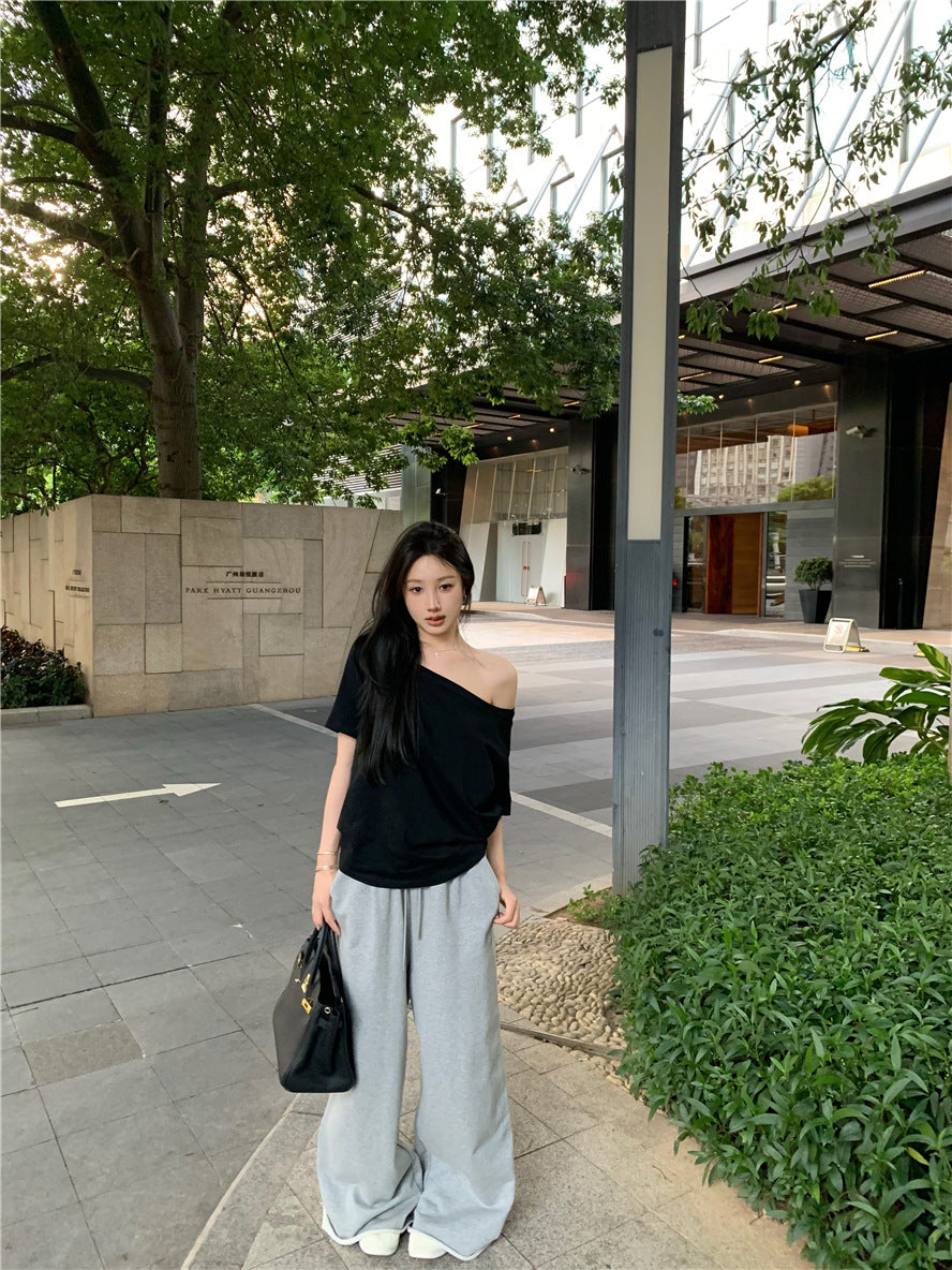 Women’s Black Off-the-Shoulder T-Shirt Short Sleeve Loose-Fit Casual Basic Top