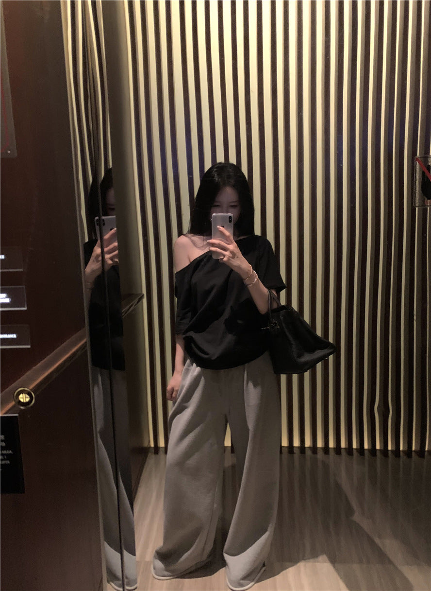 Women’s Black Off-the-Shoulder T-Shirt Short Sleeve Loose-Fit Casual Basic Top