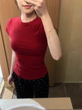 Women’s Red Short Sleeve T-Shirt Crew Neck Stretchy Form-Fitting Casual Basic Top