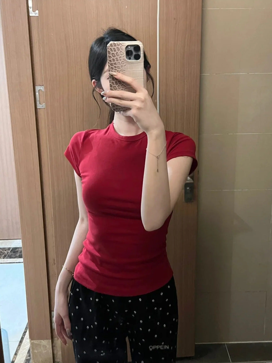 Women’s Red Short Sleeve T-Shirt Crew Neck Stretchy Form-Fitting Casual Basic Top