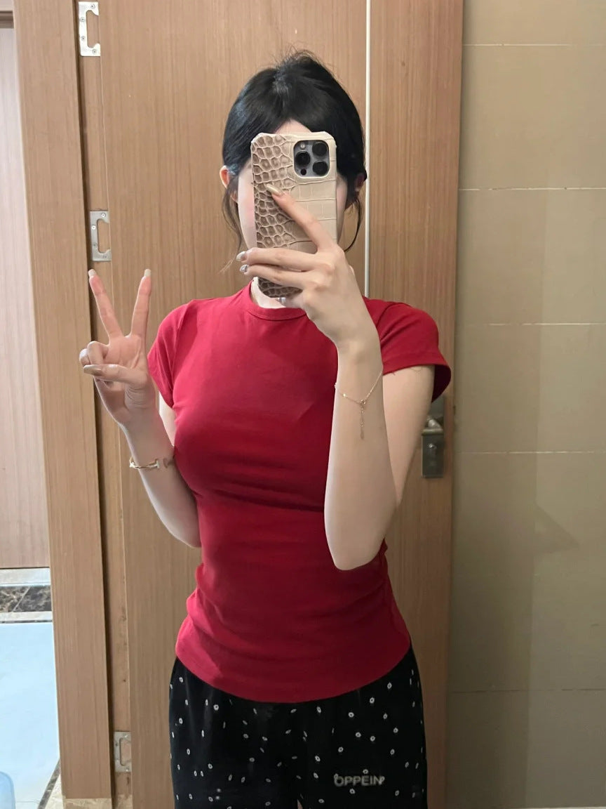 Women’s Red Short Sleeve T-Shirt Crew Neck Stretchy Form-Fitting Casual Basic Top