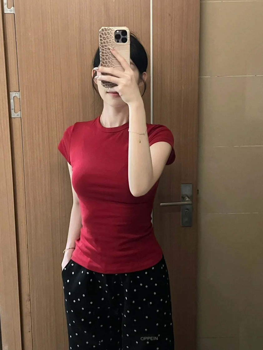 Women’s Red Short Sleeve T-Shirt Crew Neck Stretchy Form-Fitting Casual Basic Top