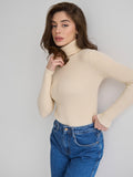 Women’s Cream Ribbed Turtleneck Sweater Long Sleeve Knit Pullover