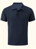 Men’s Navy Waffle Knit Polo Shirt Short Sleeve Textured Casual Golf Shirt